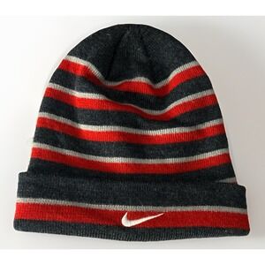 Nike Beanie Youth One Size Red Blue Gray Stripe Knit Swoosh Logo